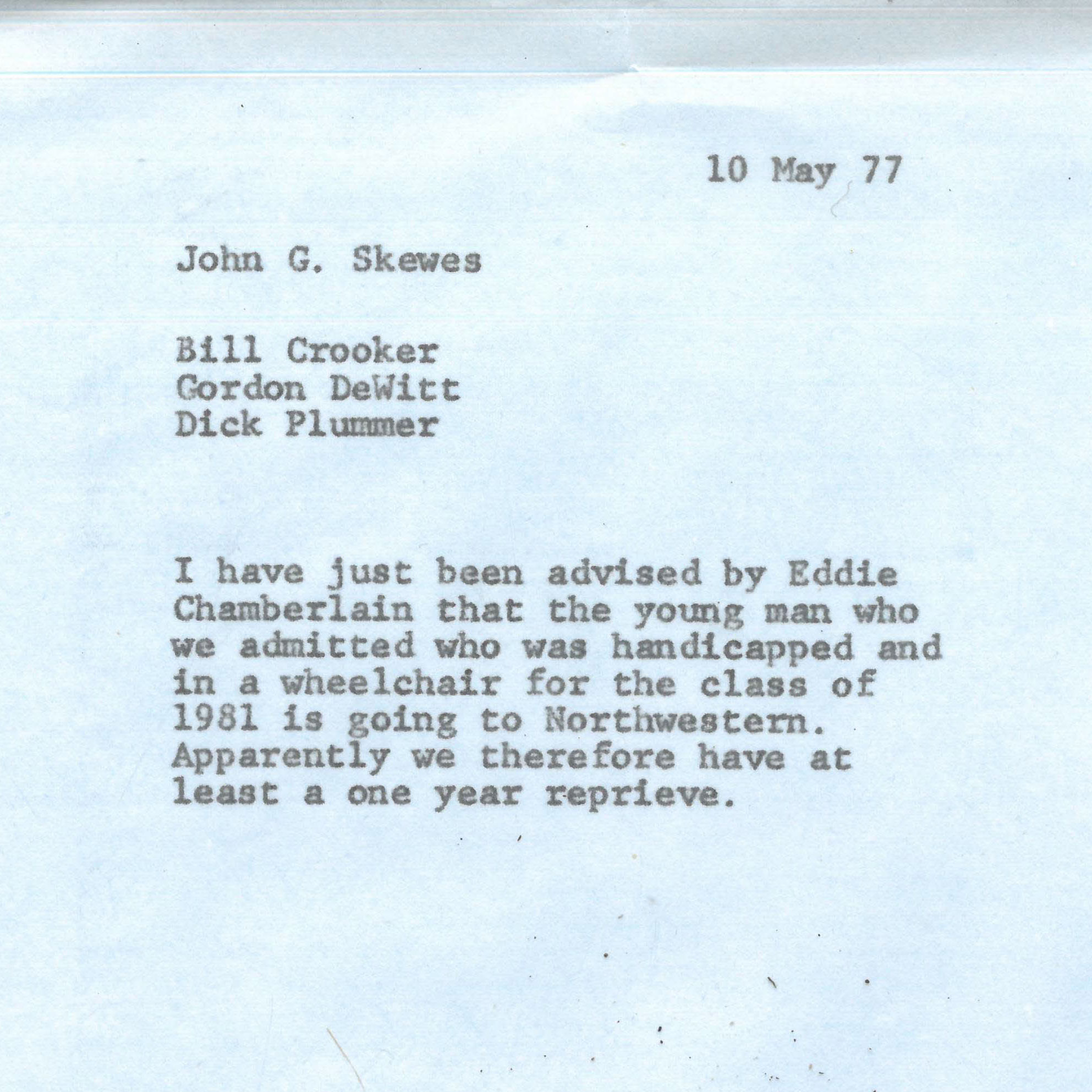 Memo from John G. Skewes to Bill Crooker, Gordon DeWitt, and Dick Plummer