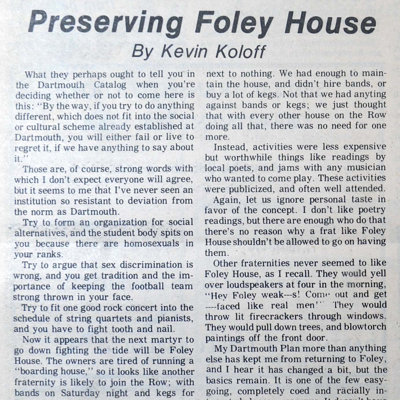 Photo of a newspaper article, which shows the title "Preserving Foley House," the name of the author Kevin Koloff, and snippets of the article text.