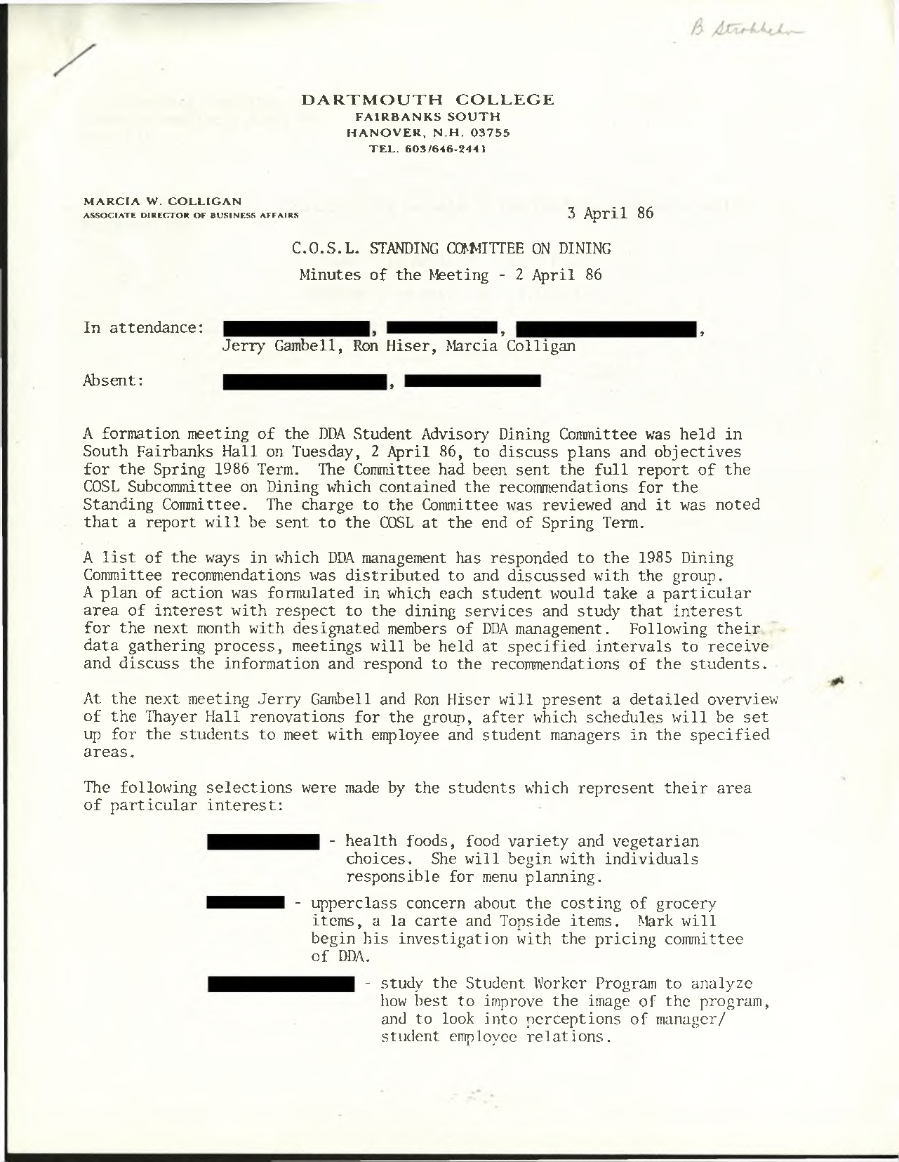 C.O.S.L Standing Committee on Dining Minutes of the Meeting - 2 April 86