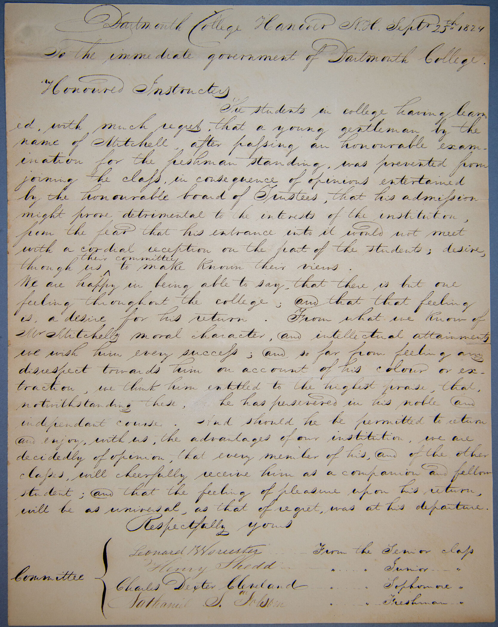 Student petition to the Dartmouth Faculty regarding the rescinded admission of Edward Mitchell, 1824