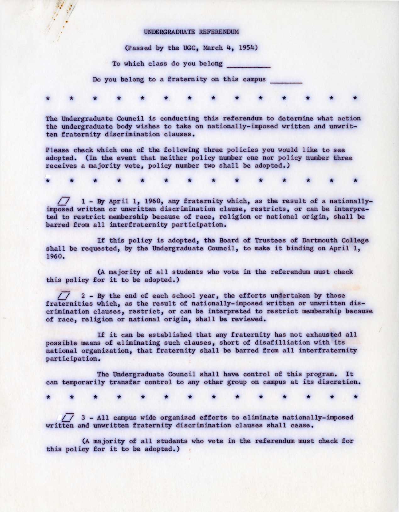 1954 Student Referendum Ballot