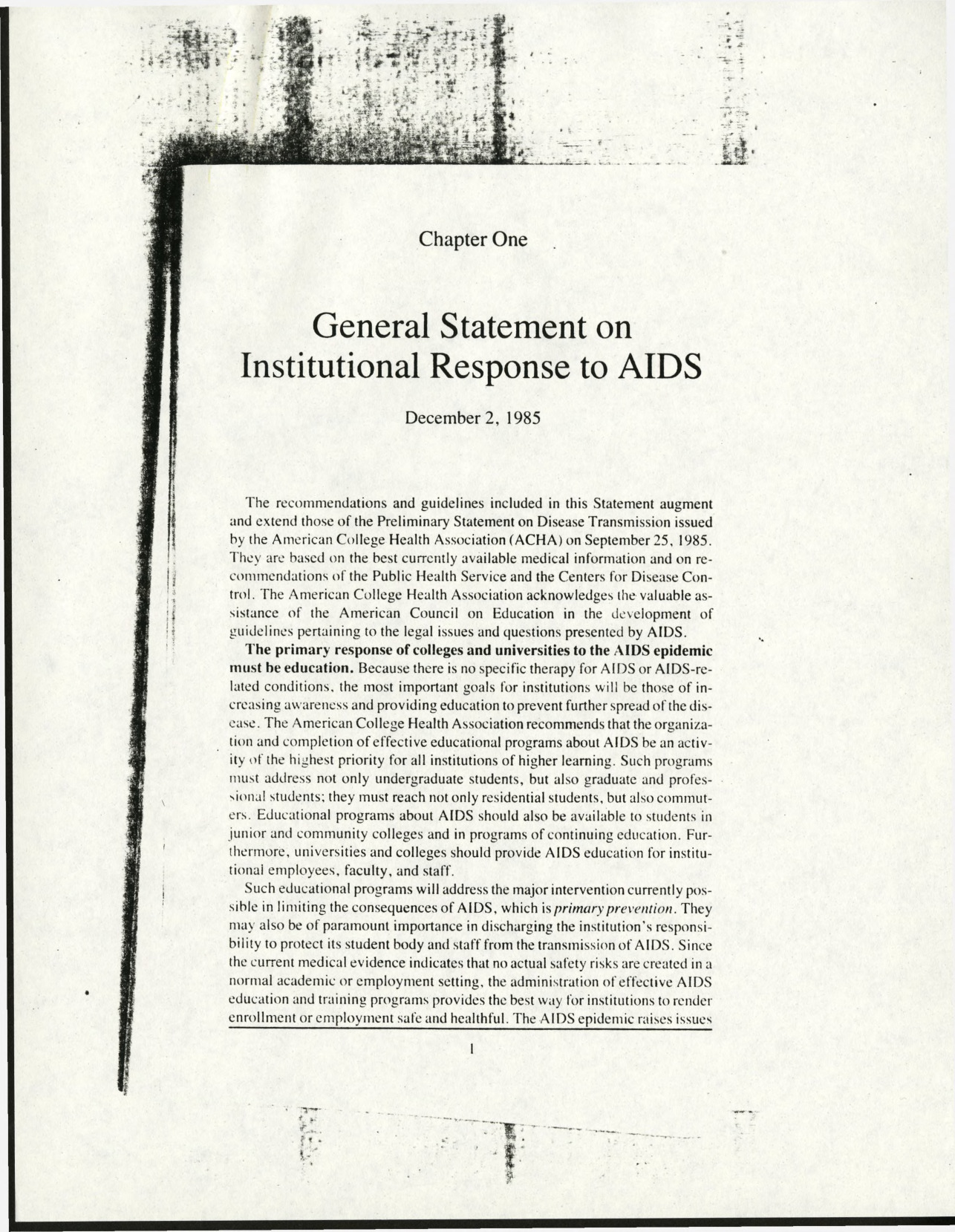 General Statement on Institutional Response to AIDS