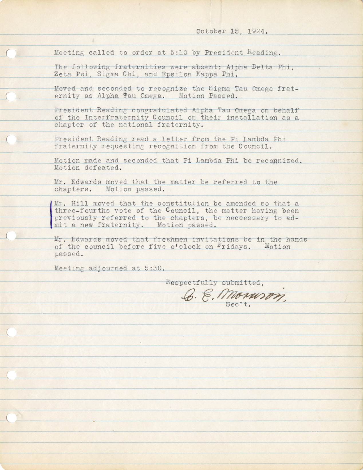 October 15 and 22, 1924 IFC Meeting Minutes
