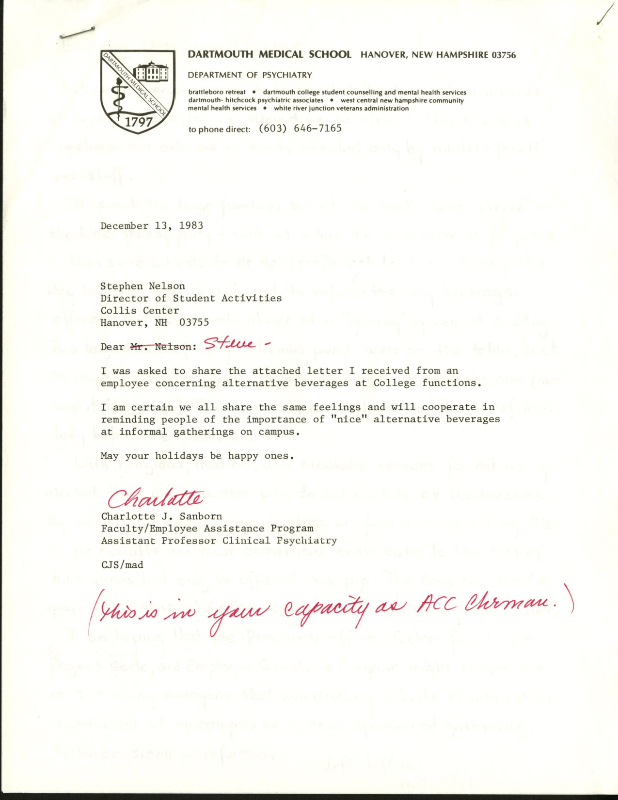 Memo from Charlotte Sanborn to Stephen Nelson 1983