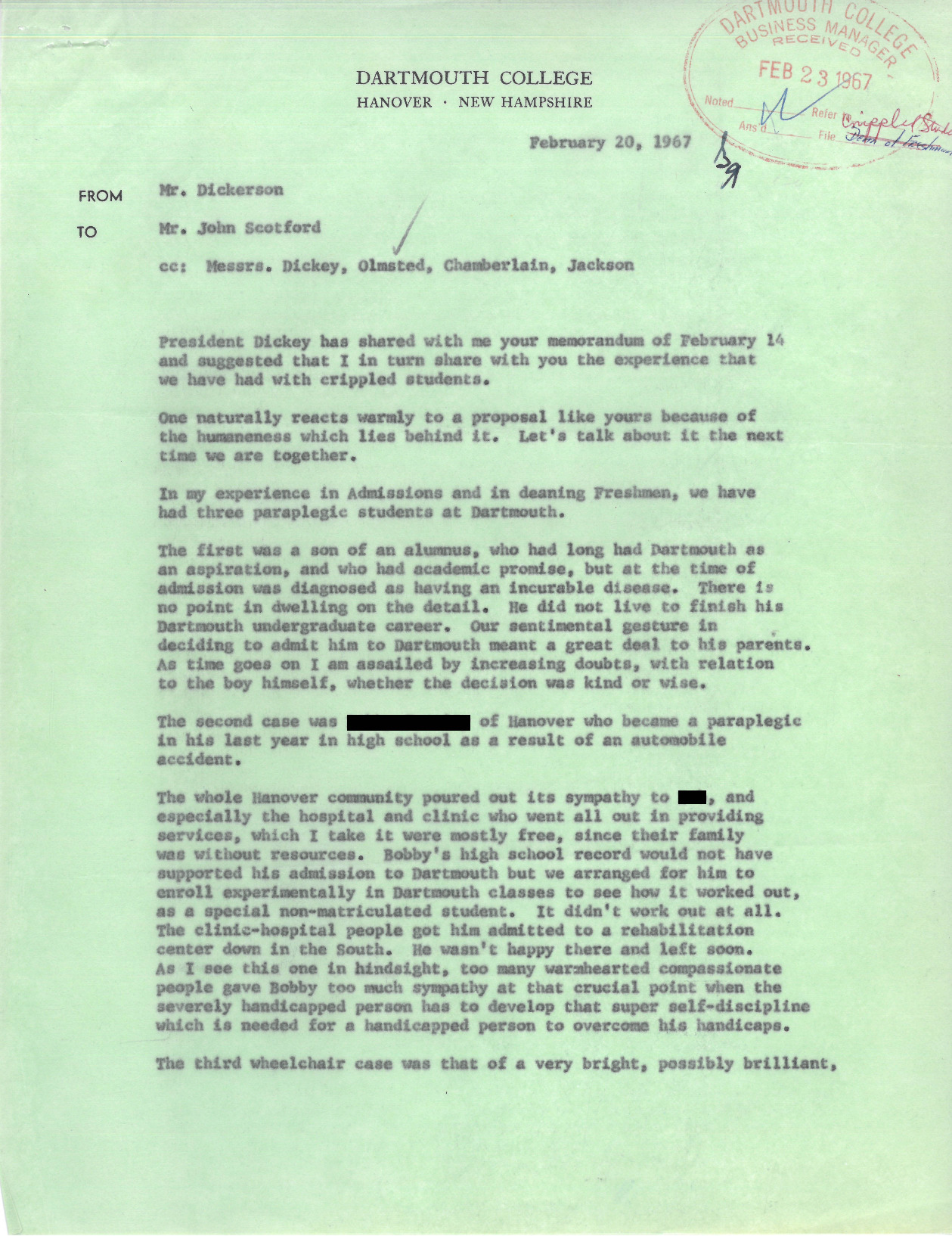 Dickerson&#039;s response to John Scotford, Feb. 20, 1967