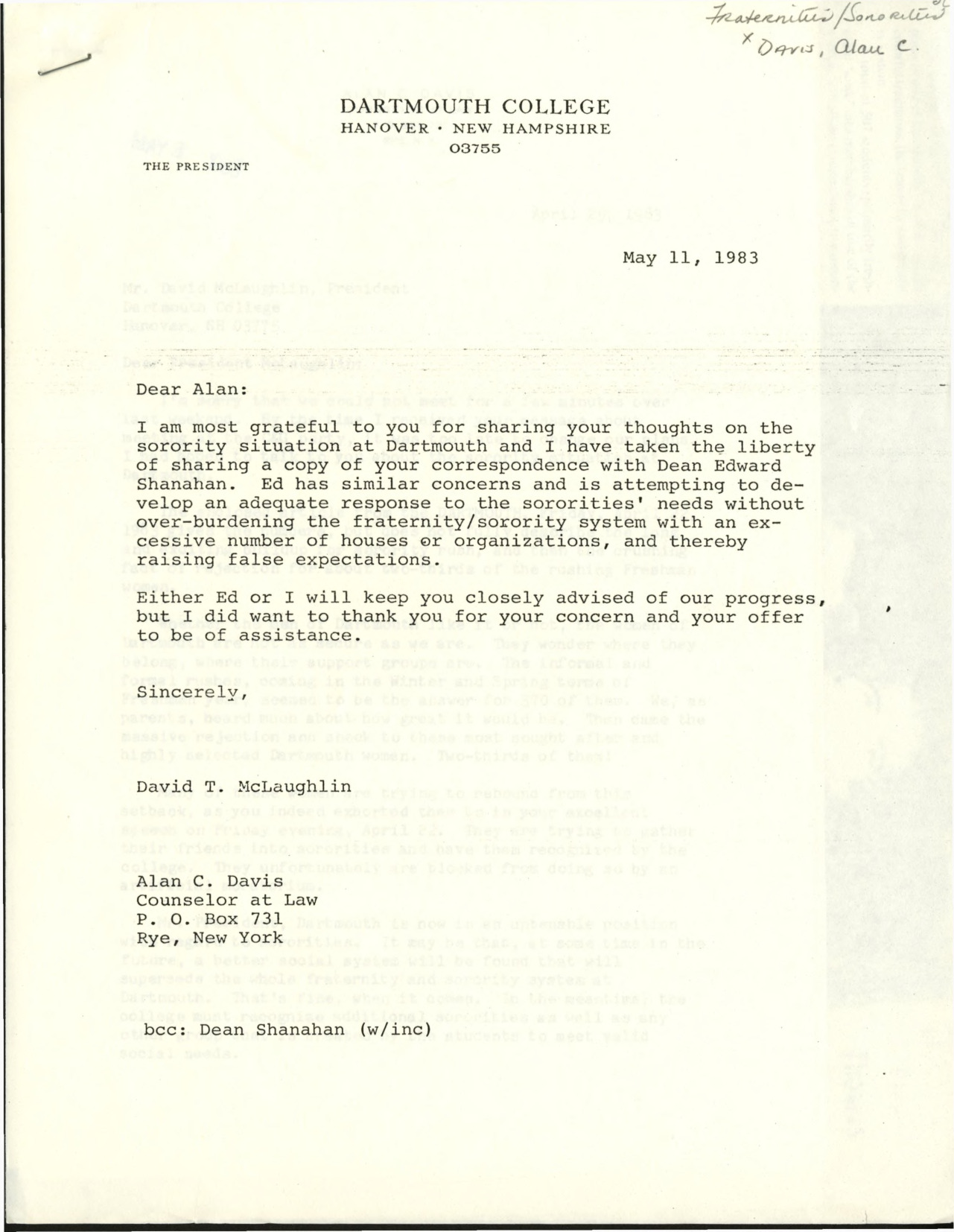 Correspondence between President McLaughlin and Alan C. Davis 1983