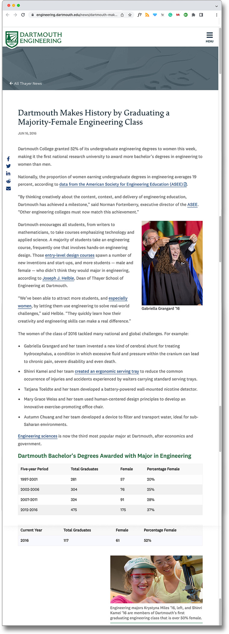 "Dartmouth Makes History," a screenshot of a digital article.