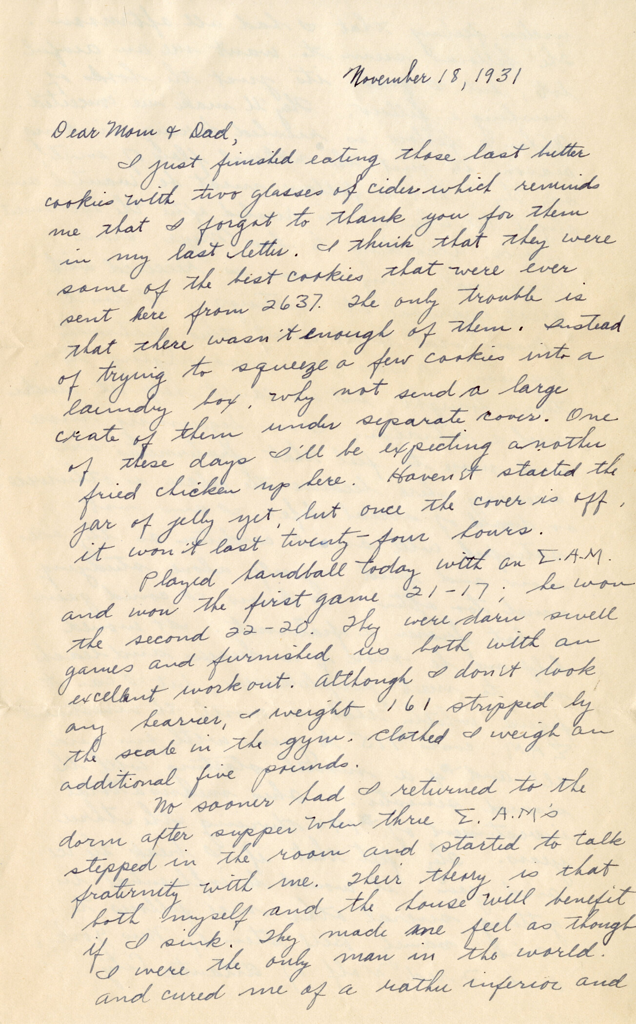 Richard Campen Letter to his Parents Expressing the Desire to Join a Fraternity