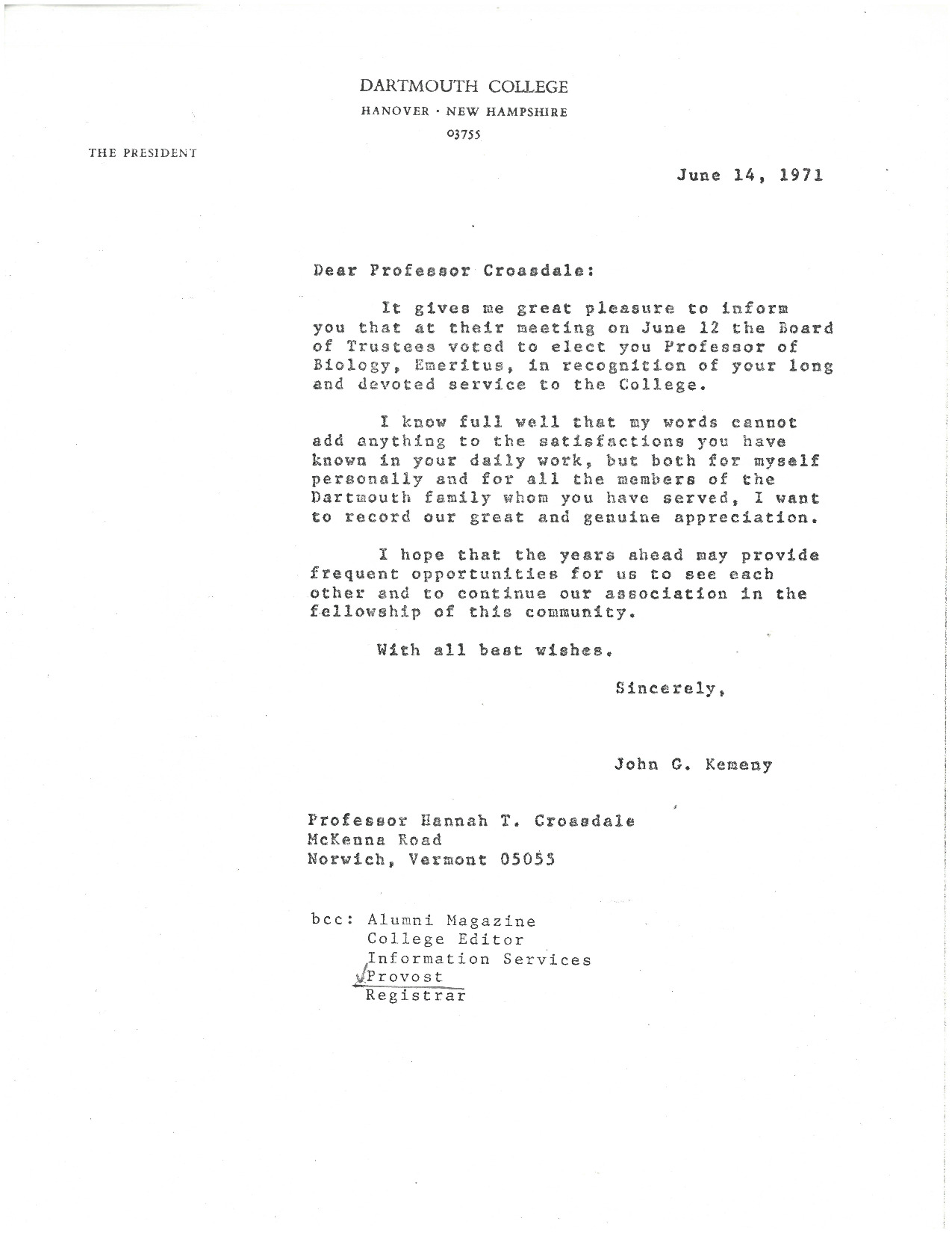 Letter from President Kemeny to Professor Croasdale, Jun. 14, 1971