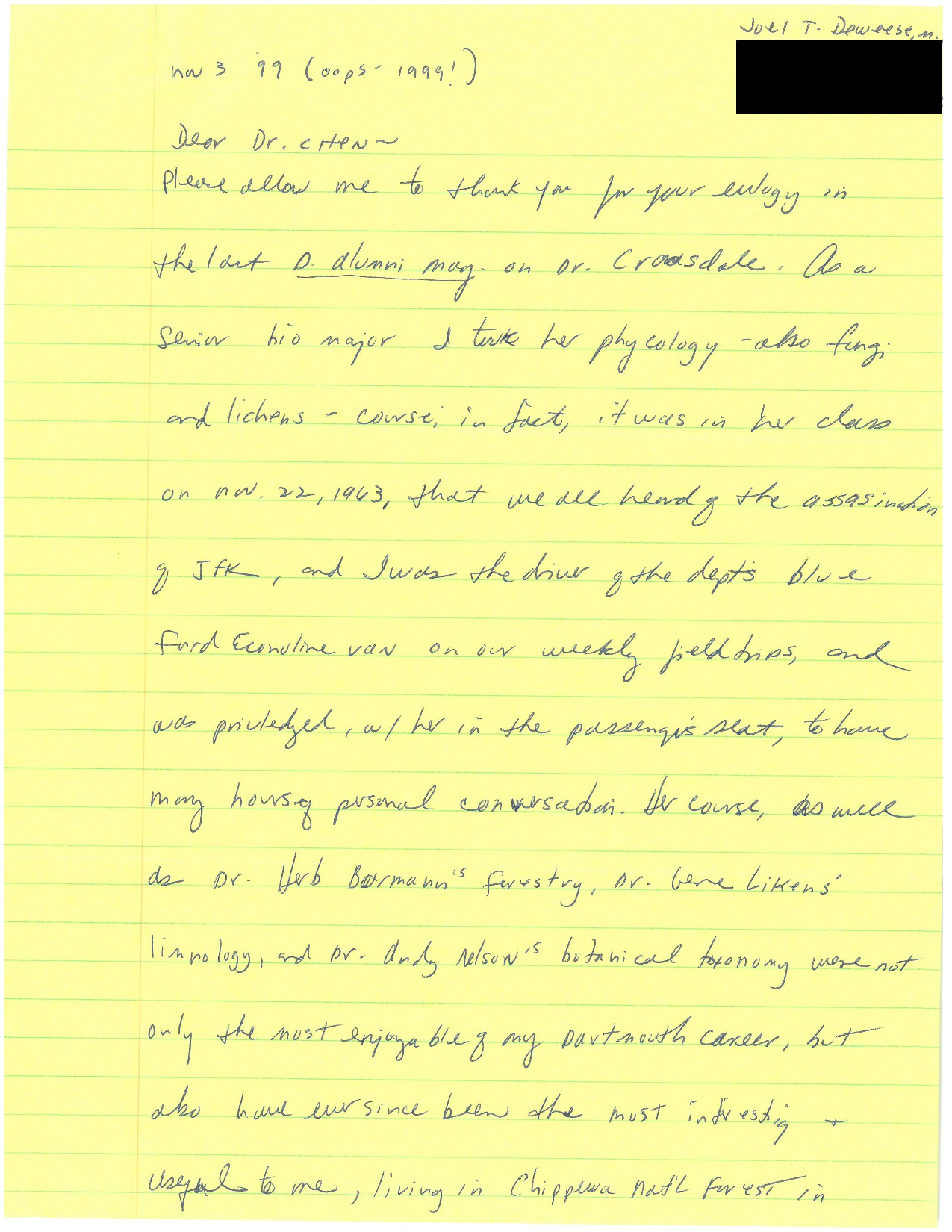 Letter from Joel Deweese to Celia Chen