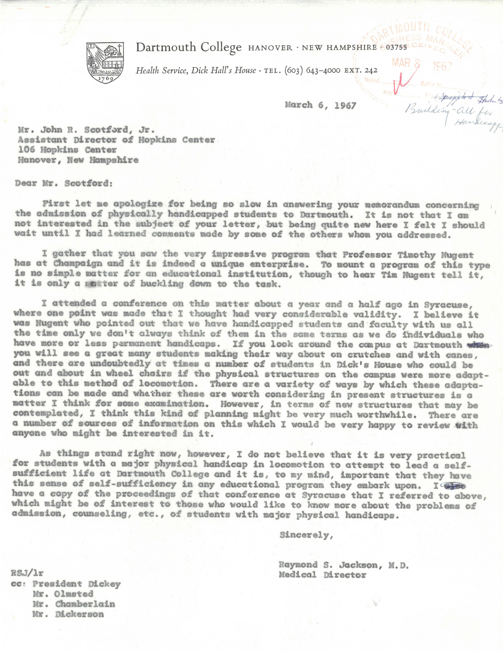 Jackson&#039;s response to John Scotford, Mar. 6, 1967