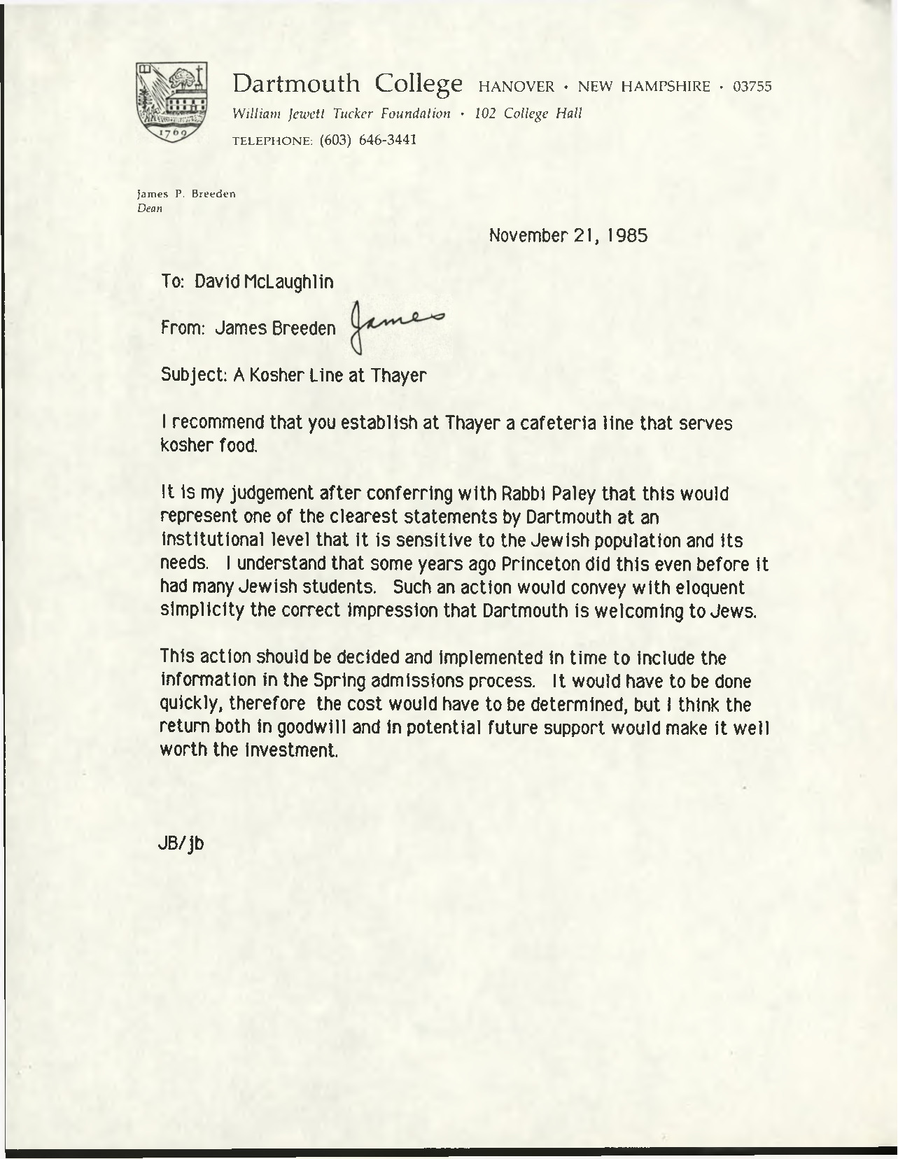 Dean of the Tucker Foundation Letter to Dartmouth President David McLaughlin