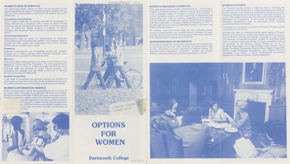 The inside pages of a pamphlet summarizing extracurricular activities for women.