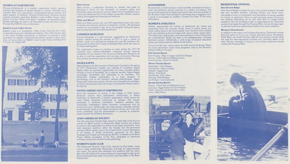 The inside pages of a pamphlet summarizing extracurricular activities for women.