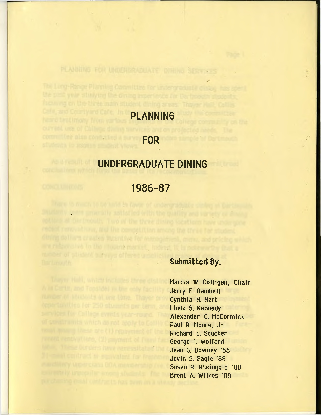 Planning for Undergraduate Dining 1986-87