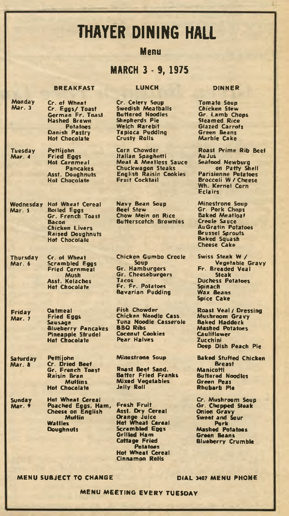 March 3-9, 1975 Thayer Dining Hall Menu