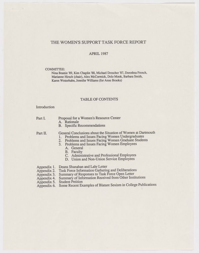 The first page of a proposal for a Women's Resource Center at Dartmouth.