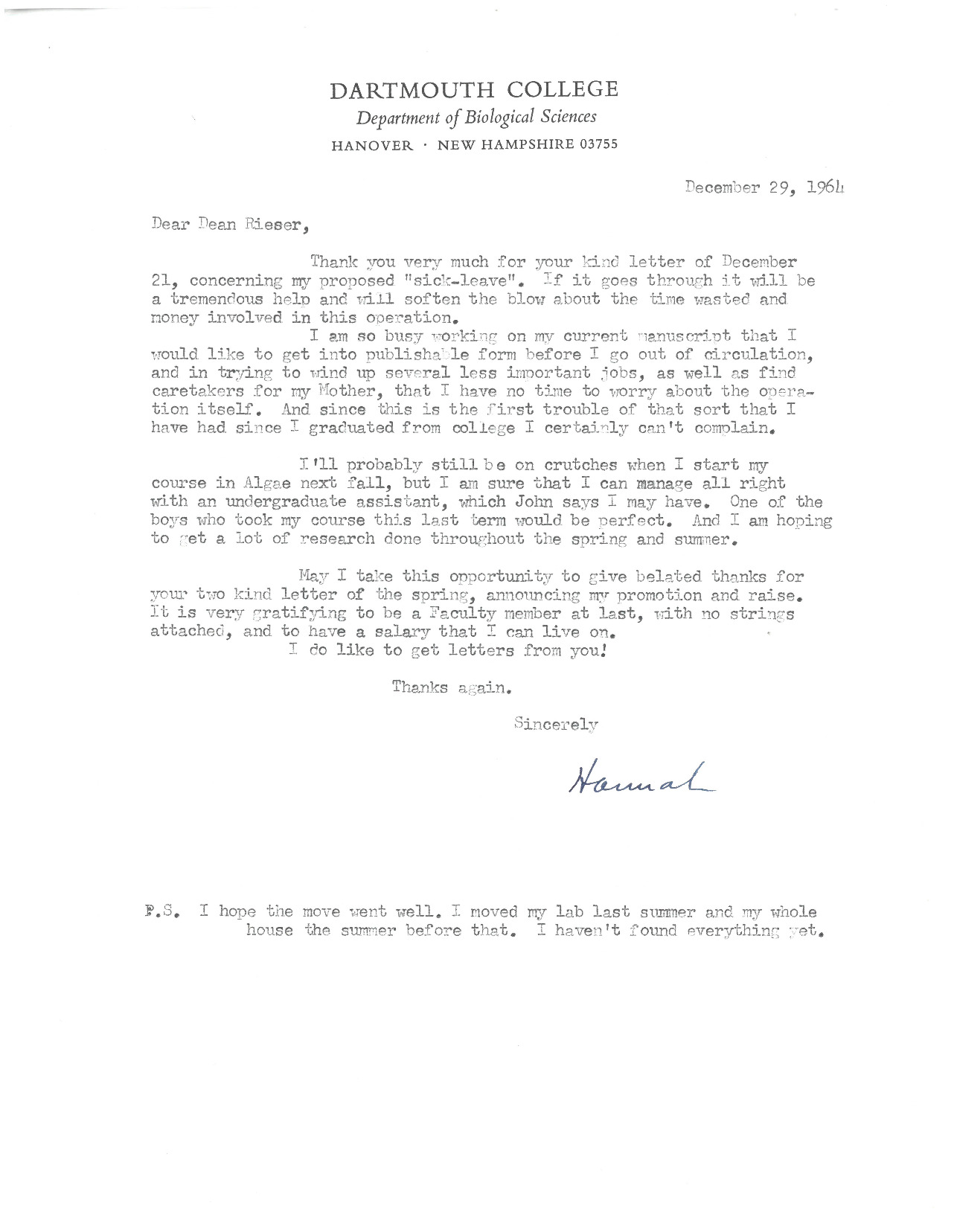 Letter from Hannah Croasdale to Leonard Rieser, Dec. 29, 1964