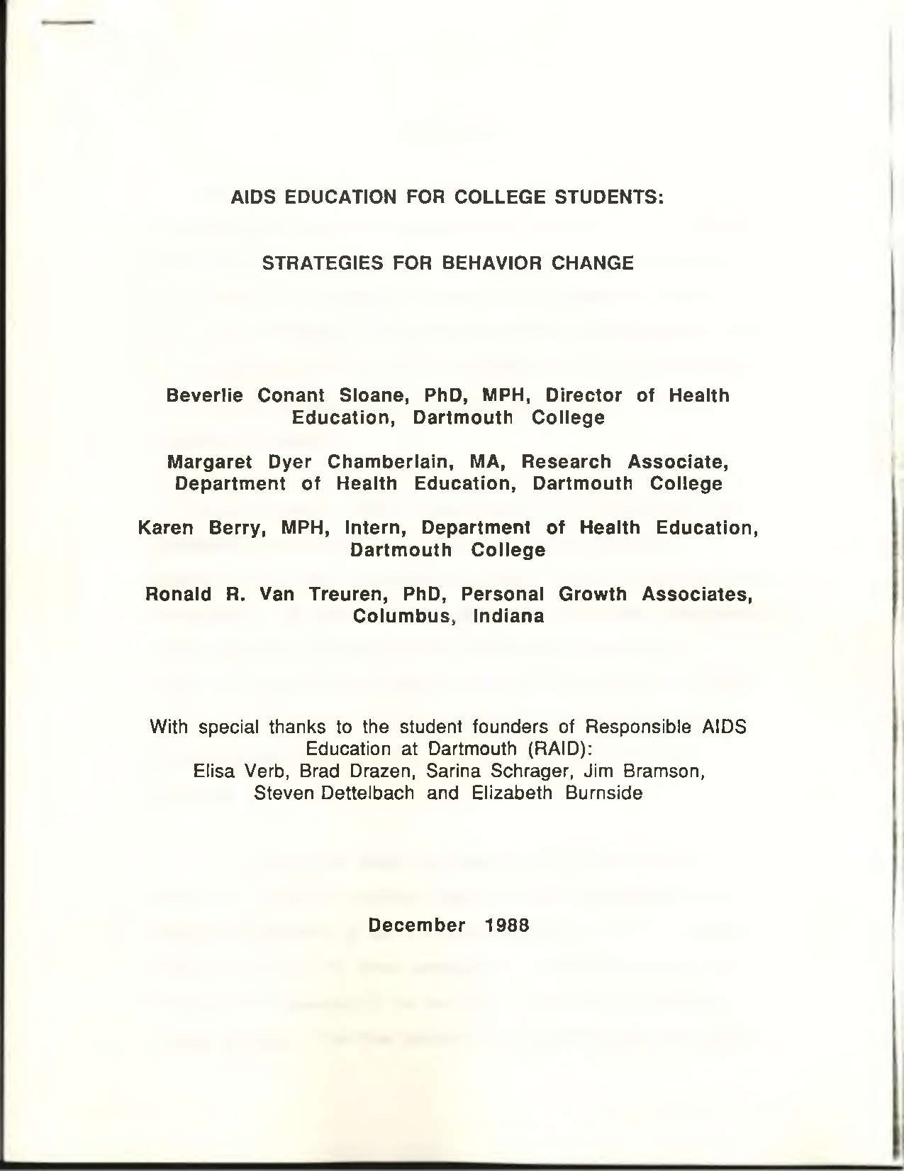 AIDS Education for College Students: Strategies for Behavior Change