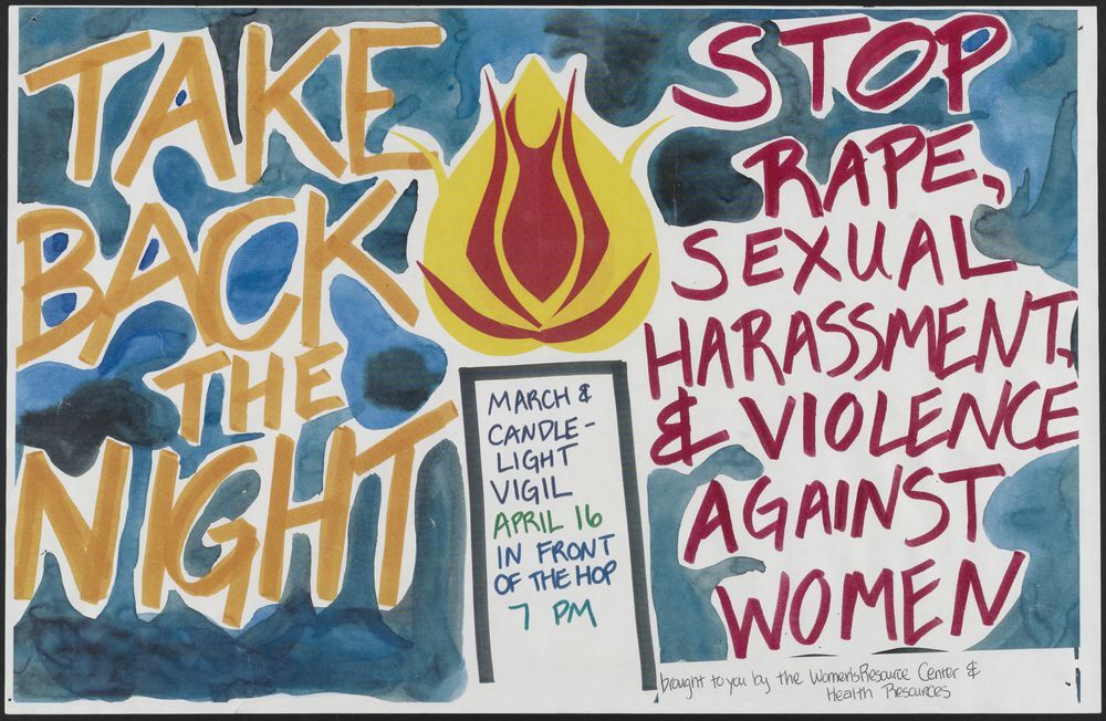 A brightly-colored, hand-drawn poster advertising Take Back The Night.