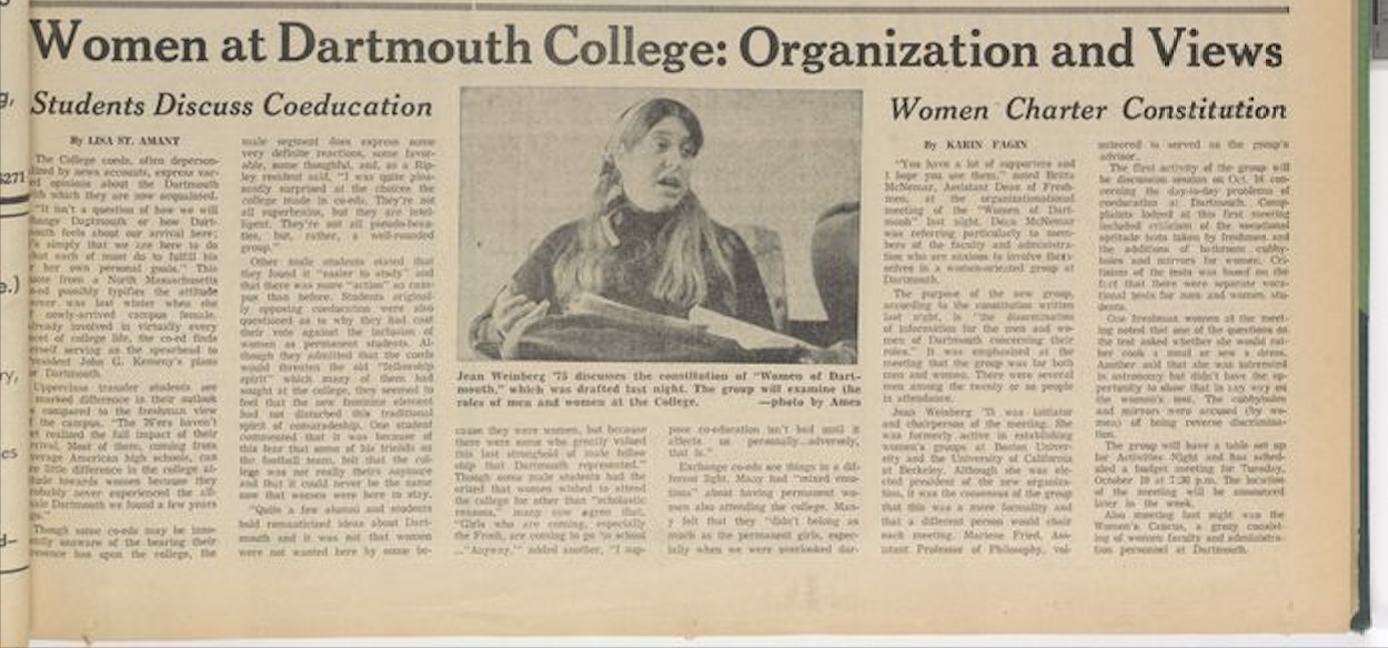A newspaper article titled "Women at Dartmouth: Organization and Views."