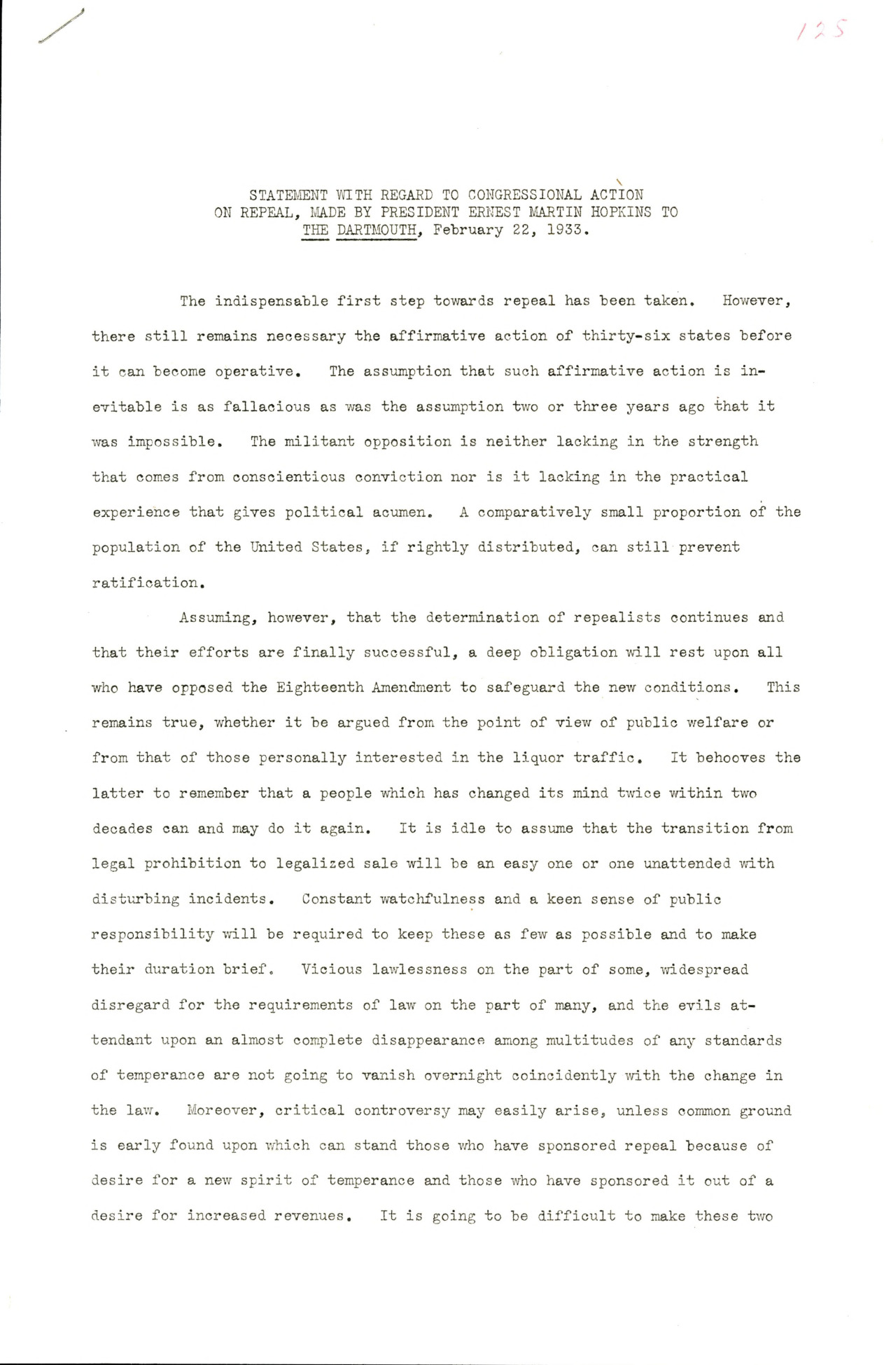 Statement from Hopkins on Repeal of the Eighteenth Amendment in Congress