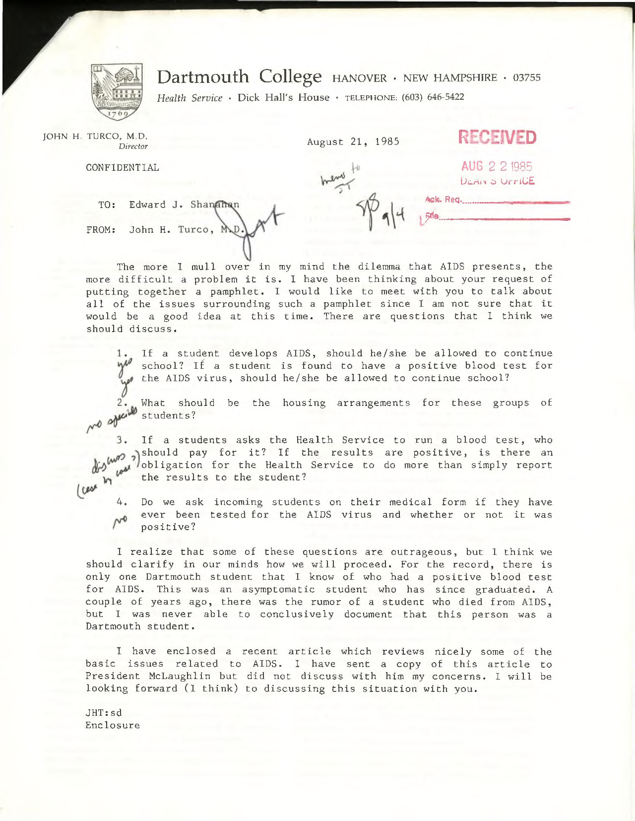 Letter from Jack Turco Discussing Early Administrative Considerations about AIDS