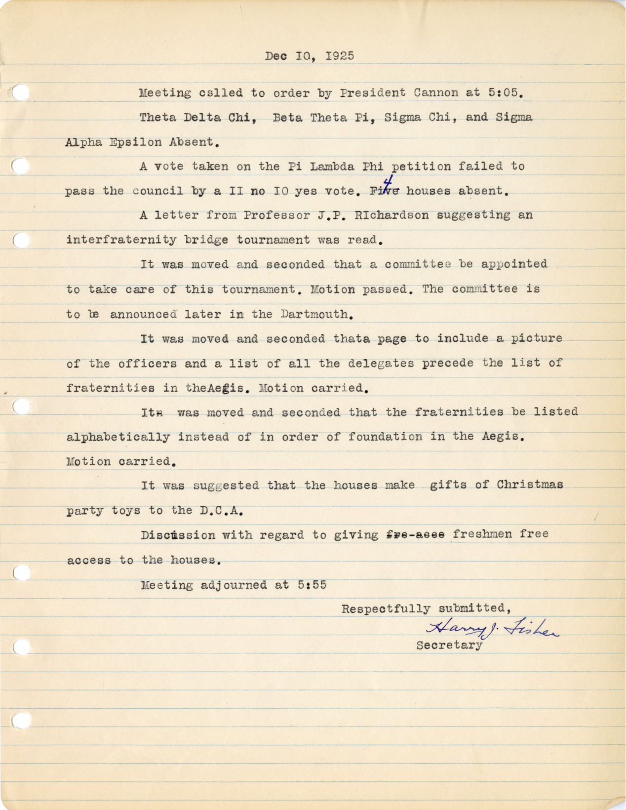 December 10, 1925 IFC Meeting Minutes