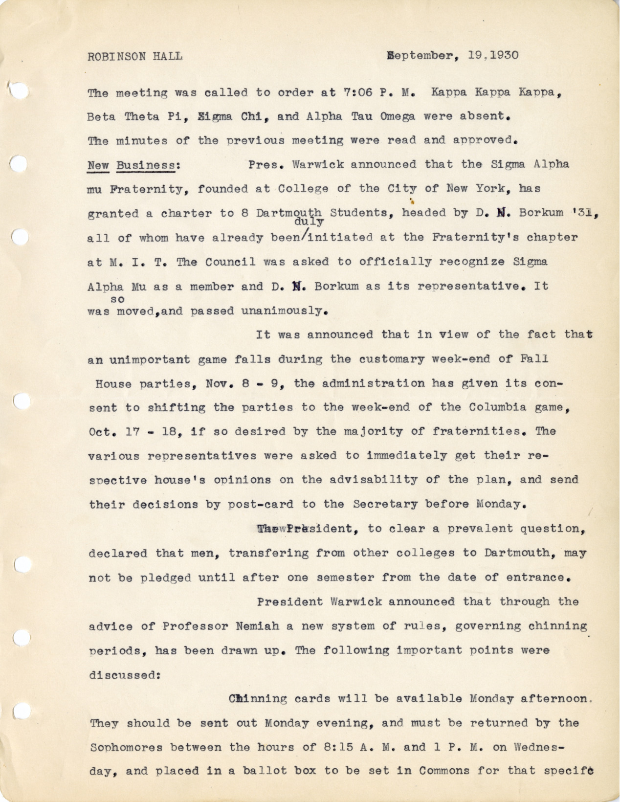 September 19, 1930 IFC Meeting Minutes