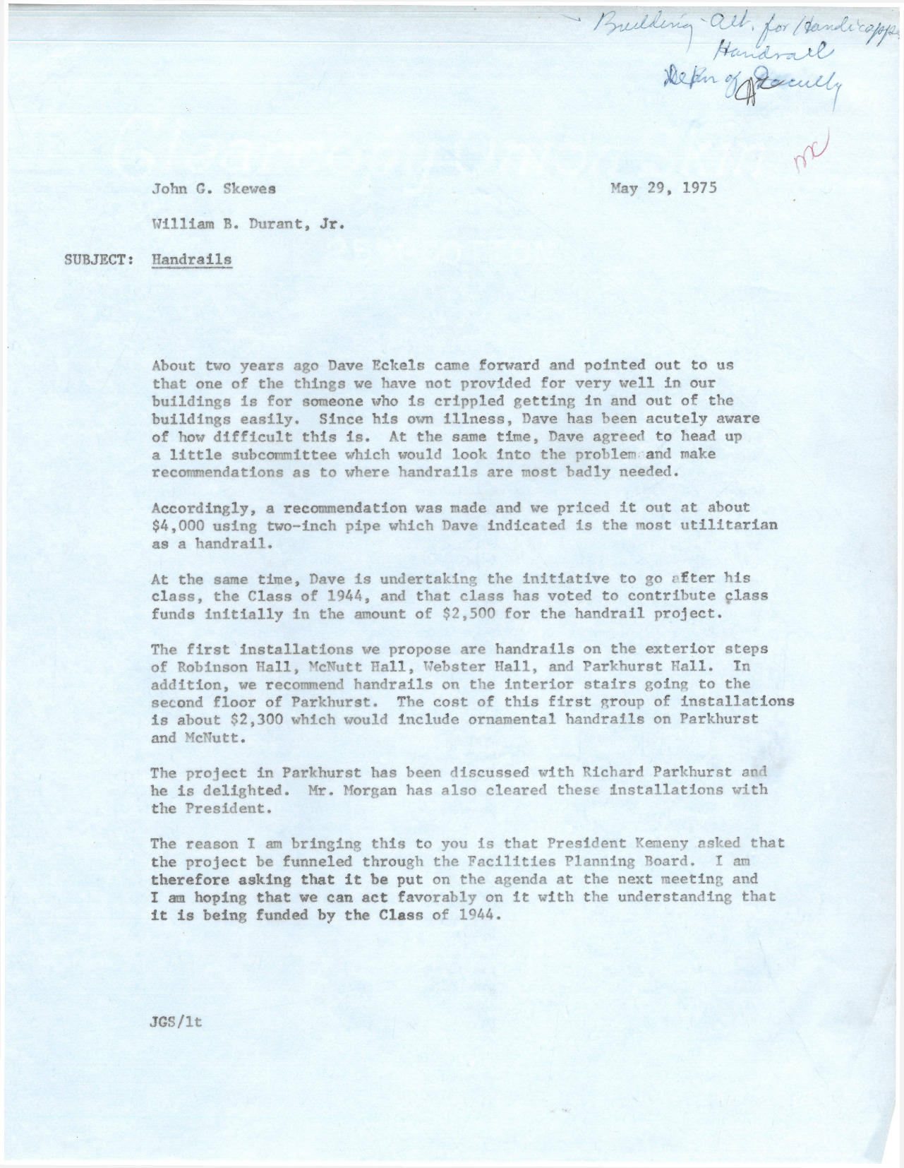 Memo from John G. Skewes to William B. Durant, Jr.