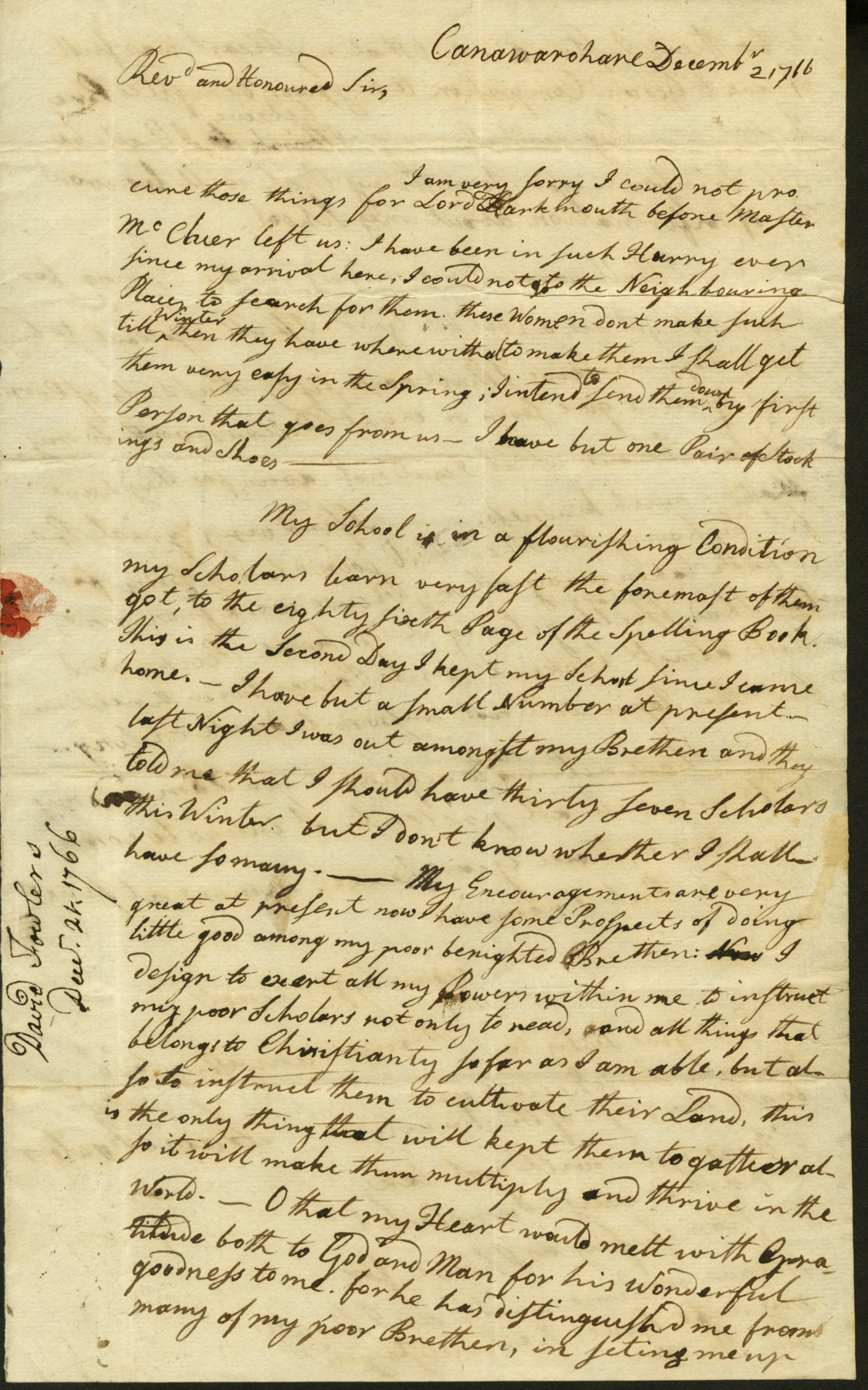 David Fowler to Eleazar Wheelock. 1766 Dec 2. Canawohare.