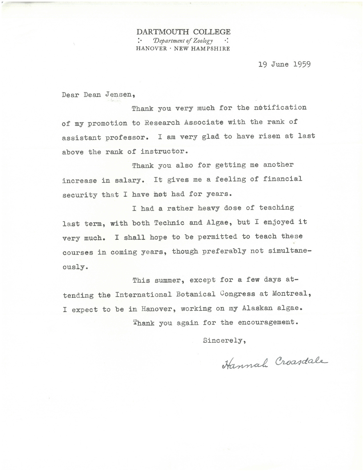 Letter from Hannah Croasdale to Arthur Jensen, Jun. 19, 1959