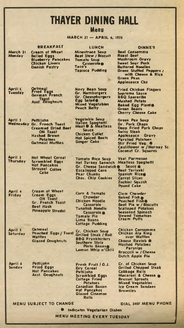 March 31-April 6, 1975 Thayer Dining Hall Menu
