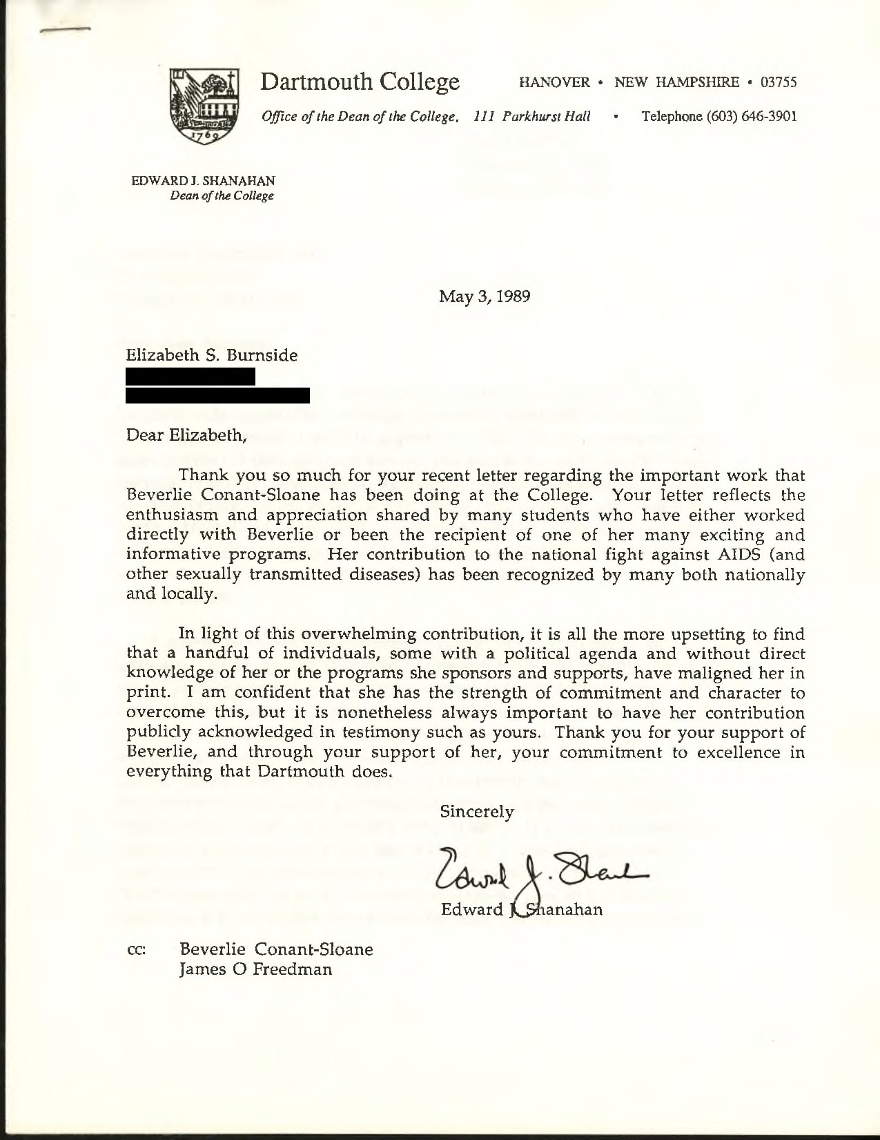 Letter to Dean Shanahan from Beth Burnside about RAID, Beverlie Conant Sloane