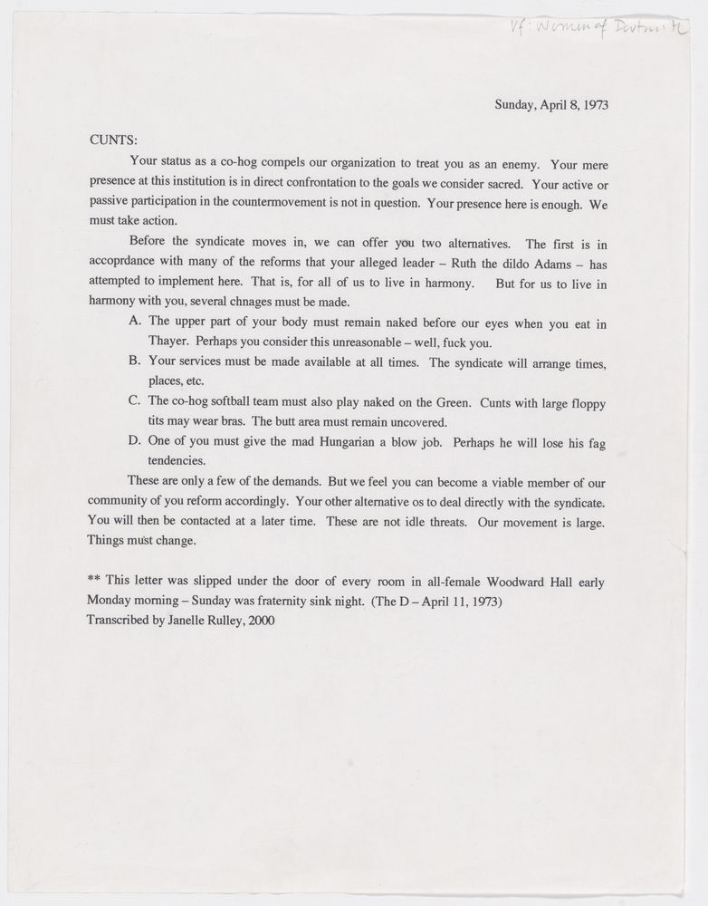 A typed copy of the Woodward Hall letter.