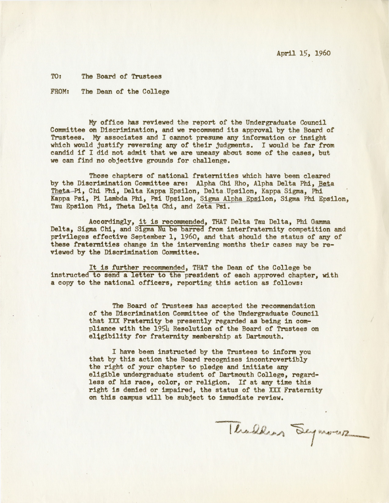 Thaddeus Seymour&#039;s Recommendations to the Board of Trustees Following the April 1, 1960 Deadline