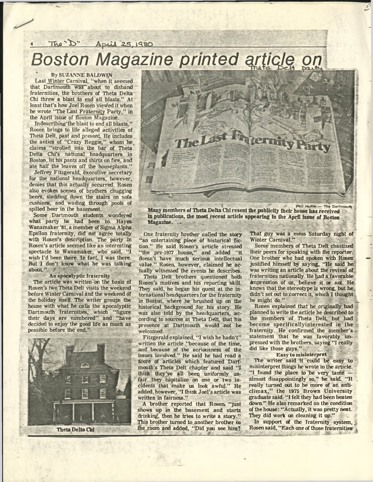 &quot;Boston Magazine printed article on Theta Delt party&quot;