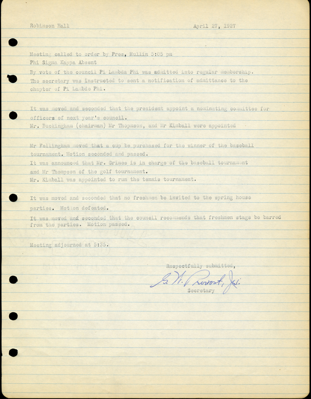 April 27, 1927 IFC Meeting Minutes