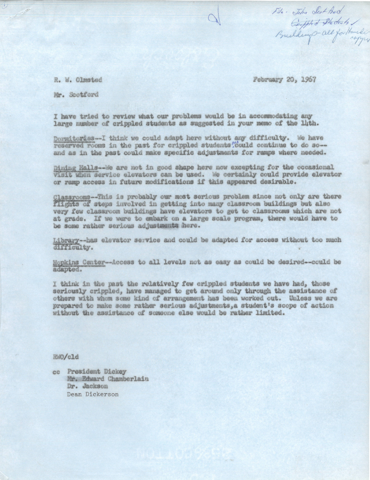 Olmsted&#039;s response to John Scotford, Feb. 20, 1967