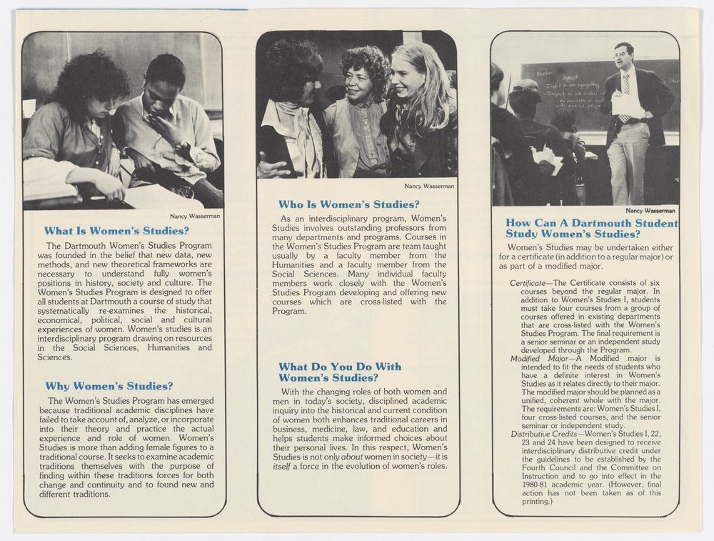 The inside of a Women Studies Program pamphlet explaining the purpose of the program.
