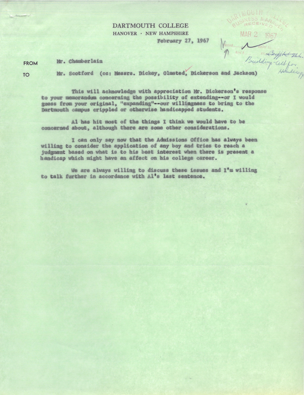 Chamberlain&#039;s response to John Scotford, Feb. 27, 1967