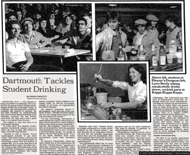 Newspaper story with the headline "Dartmouth Tackles Student Drinking" beneath three photos of Dartmouth students engaging in social activities