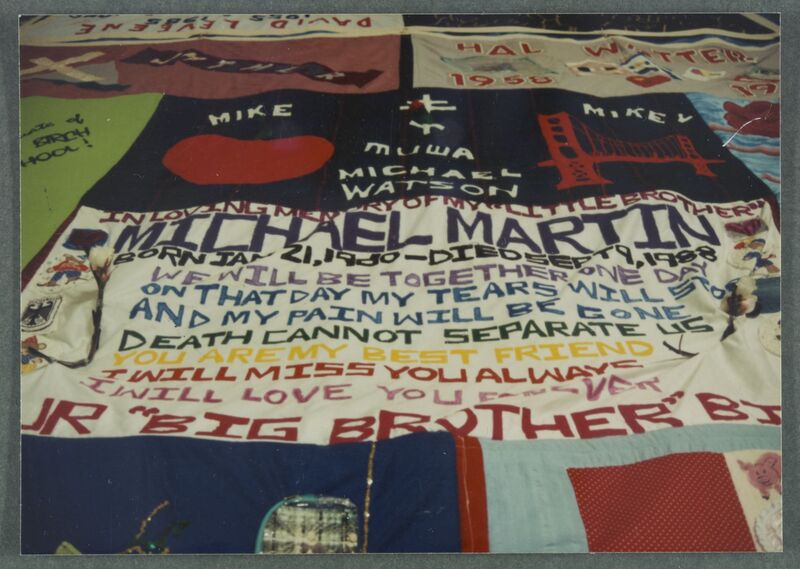 A close-up of an AIDS quilt panel created for Michael Martin.