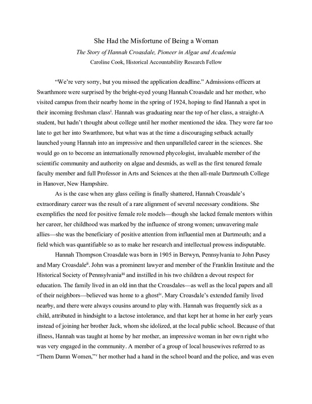 Research paper about the life and academic career of Hannah T. Croasdale (PDF).