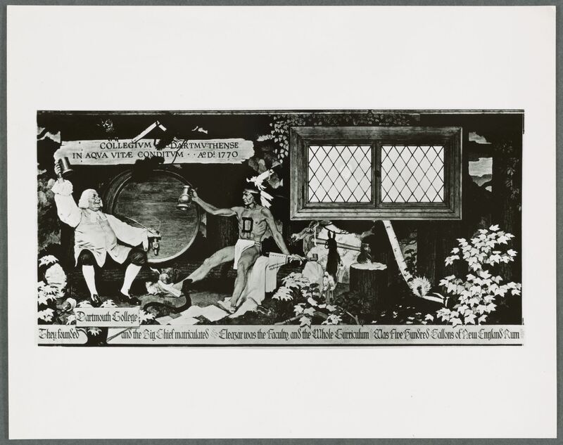 Black and white photograph of the Humphrey mural, depicting the founding of Dartmouth by Eleazar Wheelock. Wheelock and a Native American chief are depicted raising cups of rum in partnership.