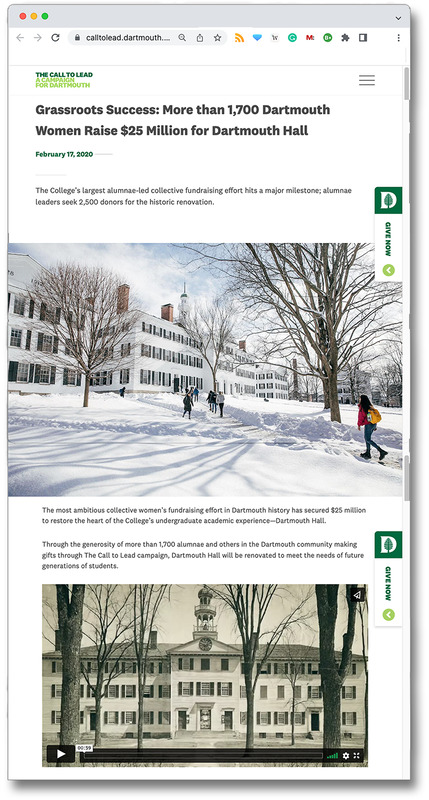 "Dartmouth Women Answer the Call to Lead," a screenshot of a digital article.