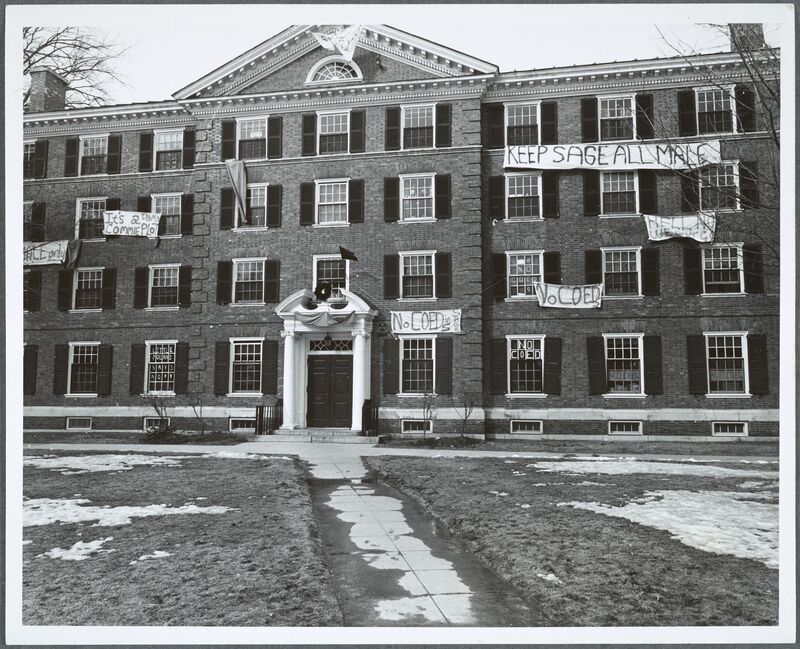 A black-and-white photo of banners on Russell Sage Hall.