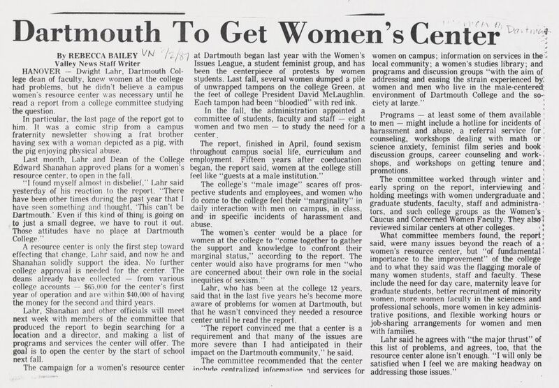 A newspaper article titled "Dartmouth To Get Women's Center."