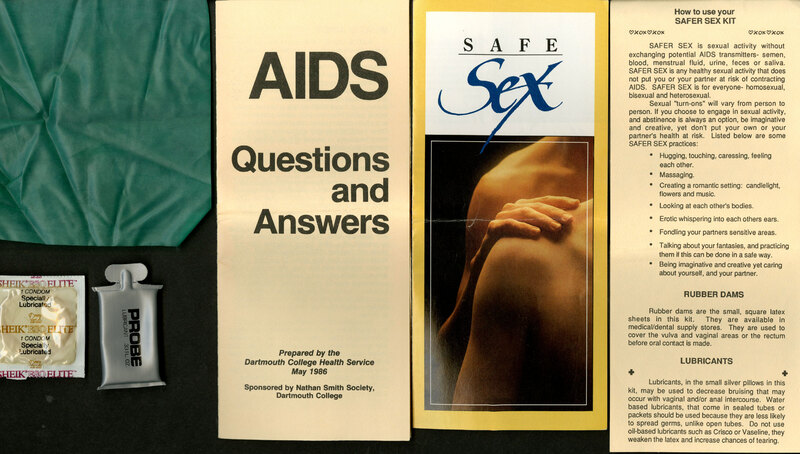 Dartmouth's safer sex kit, including a green dental dam, a condom, lubricant, a brochure called "AIDS: Questions and Answers" from the Dartmouth College Health Service, a brochure called "Safe Sex," and instructions on "How to use your safer sex kit."