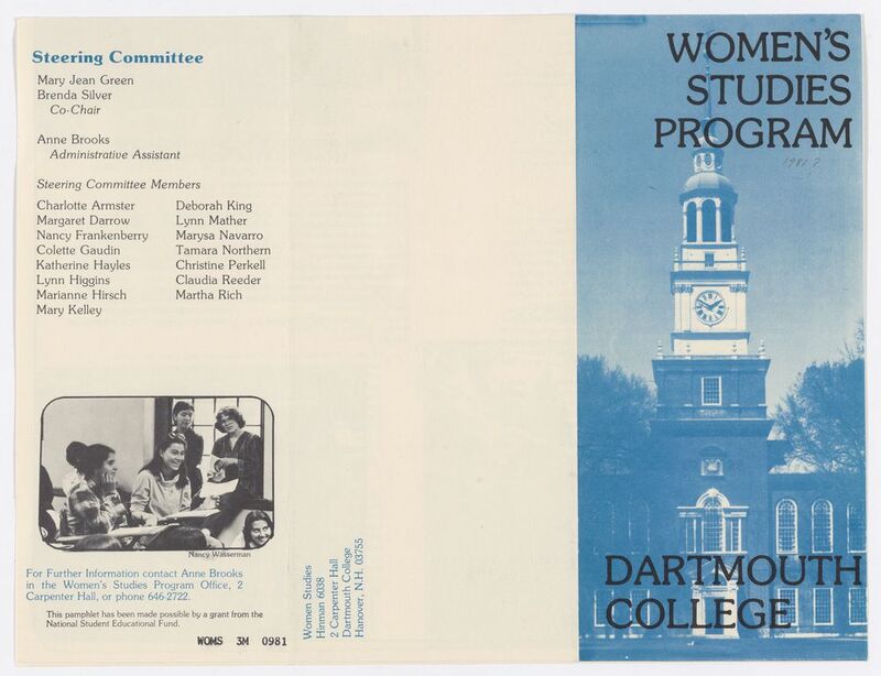 The front of a pamphlet about the Dartmouth Women Studies program.